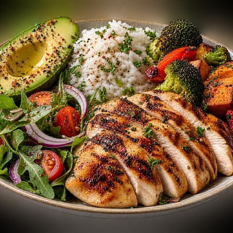 Plato de pollo a la plancha con arroz, aguacate, ensalada y verduras asadas